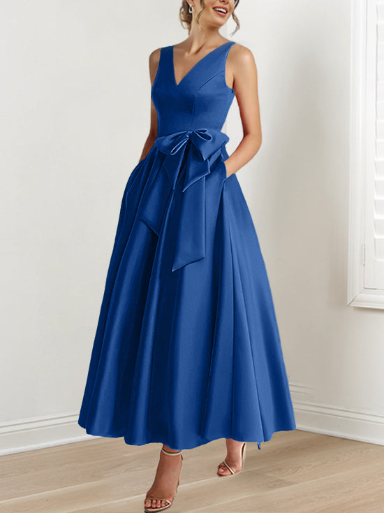 V-Neck Sleeveless A-Line Princess Ankle-Length Mother of the Bride Dress with Ruffles & Pockets