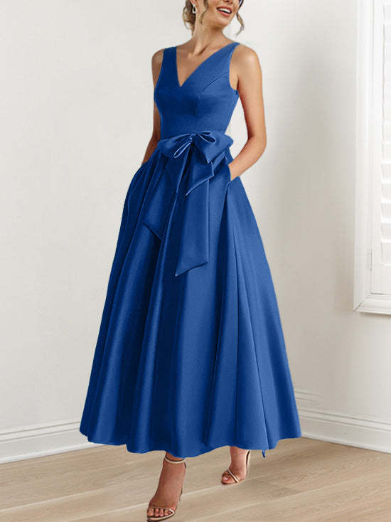 V-Neck Sleeveless A-Line Princess Ankle-Length Mother of the Bride Dress with Ruffles & Pockets