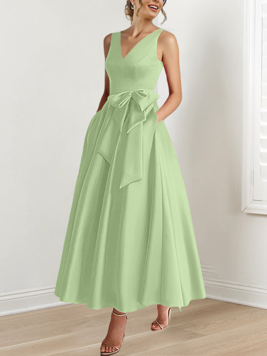 V-Neck Sleeveless A-Line Princess Ankle-Length Mother of the Bride Dress with Ruffles & Pockets