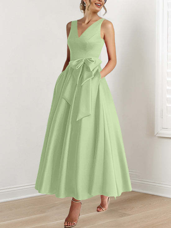 V-Neck Sleeveless A-Line Princess Ankle-Length Mother of the Bride Dress with Ruffles & Pockets