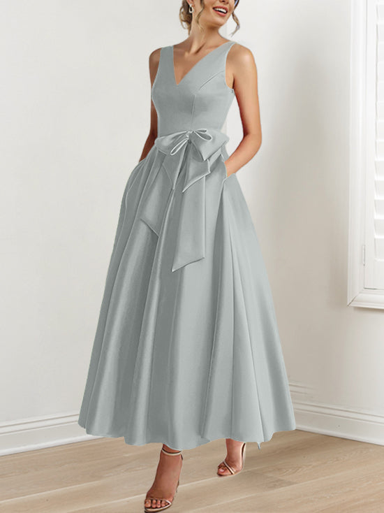 V-Neck Sleeveless A-Line Princess Ankle-Length Mother of the Bride Dress with Ruffles & Pockets
