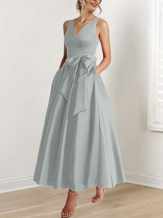 V-Neck Sleeveless A-Line Princess Ankle-Length Mother of the Bride Dress with Ruffles & Pockets