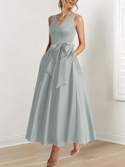 V-Neck Sleeveless A-Line Princess Ankle-Length Mother of the Bride Dress with Ruffles & Pockets