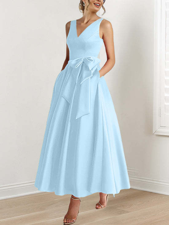V-Neck Sleeveless A-Line Princess Ankle-Length Mother of the Bride Dress with Ruffles & Pockets