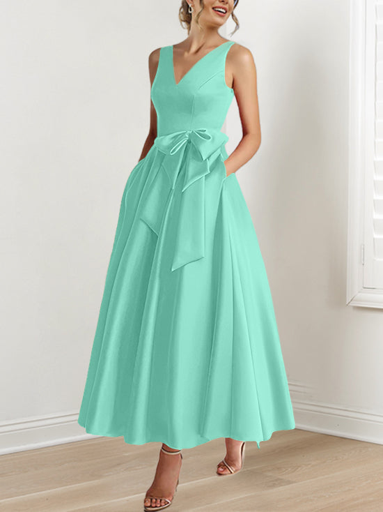 V-Neck Sleeveless A-Line Princess Ankle-Length Mother of the Bride Dress with Ruffles & Pockets