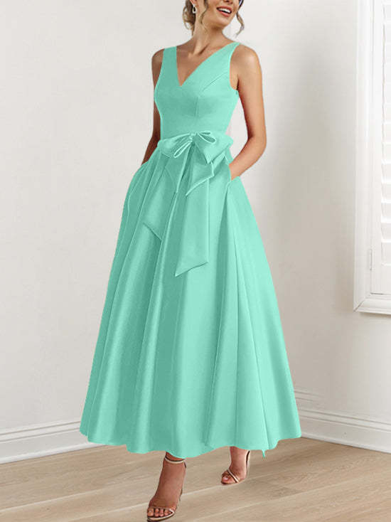 V-Neck Sleeveless A-Line Princess Ankle-Length Mother of the Bride Dress with Ruffles & Pockets
