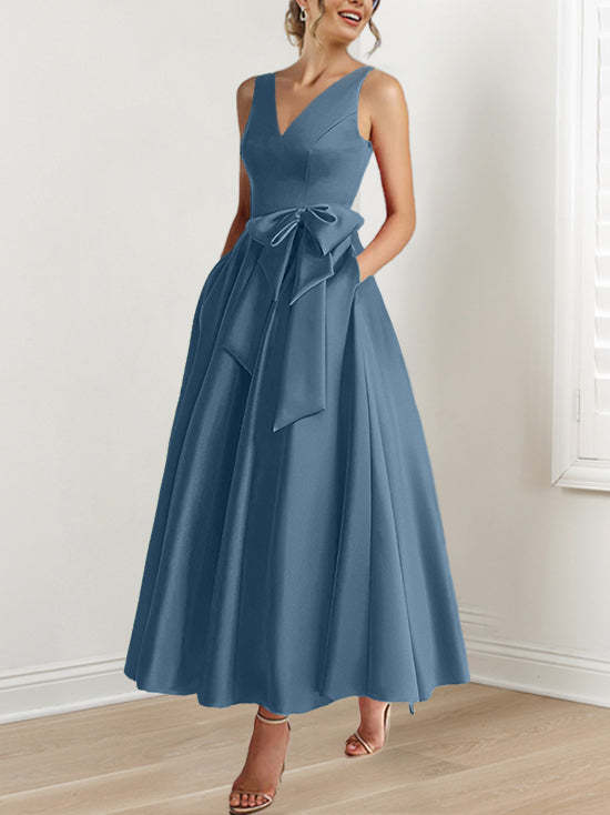 V-Neck Sleeveless A-Line Princess Ankle-Length Mother of the Bride Dress with Ruffles & Pockets