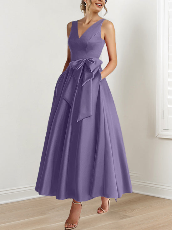 V-Neck Sleeveless A-Line Princess Ankle-Length Mother of the Bride Dress with Ruffles & Pockets