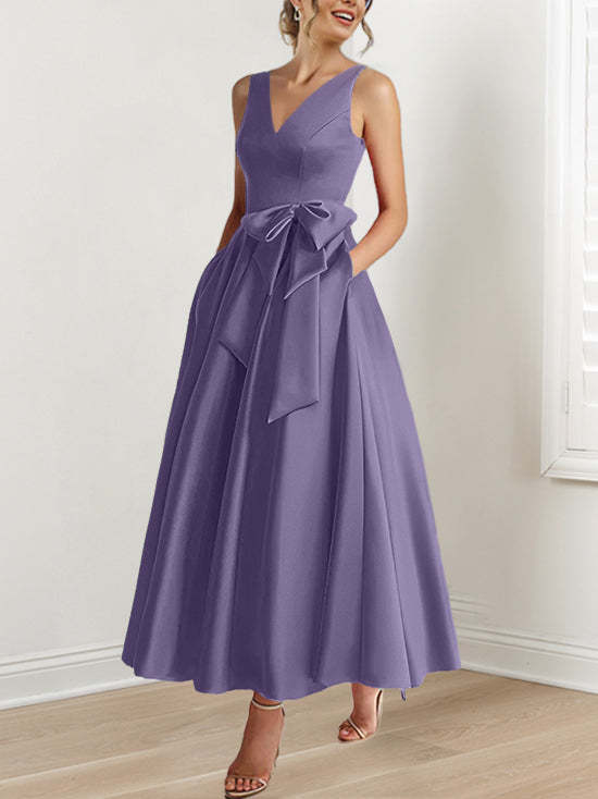 V-Neck Sleeveless A-Line Princess Ankle-Length Mother of the Bride Dress with Ruffles & Pockets