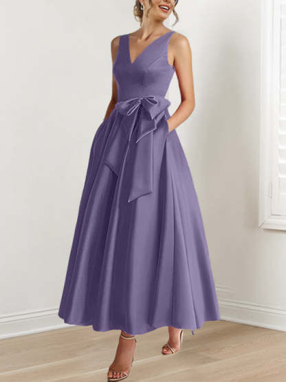V-Neck Sleeveless A-Line Princess Ankle-Length Mother of the Bride Dress with Ruffles & Pockets
