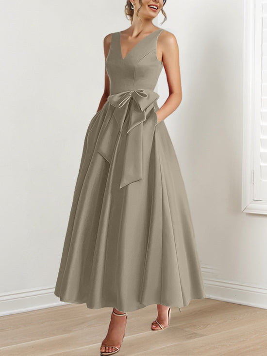 V-Neck Sleeveless A-Line Princess Ankle-Length Mother of the Bride Dress with Ruffles & Pockets