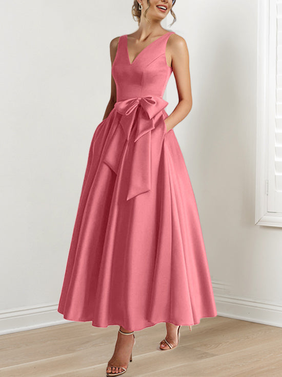 V-Neck Sleeveless A-Line Princess Ankle-Length Mother of the Bride Dress with Ruffles & Pockets