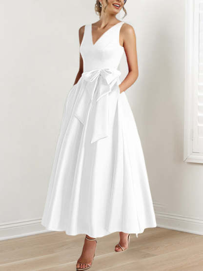 V-Neck Sleeveless A-Line Princess Ankle-Length Mother of the Bride Dress with Ruffles & Pockets