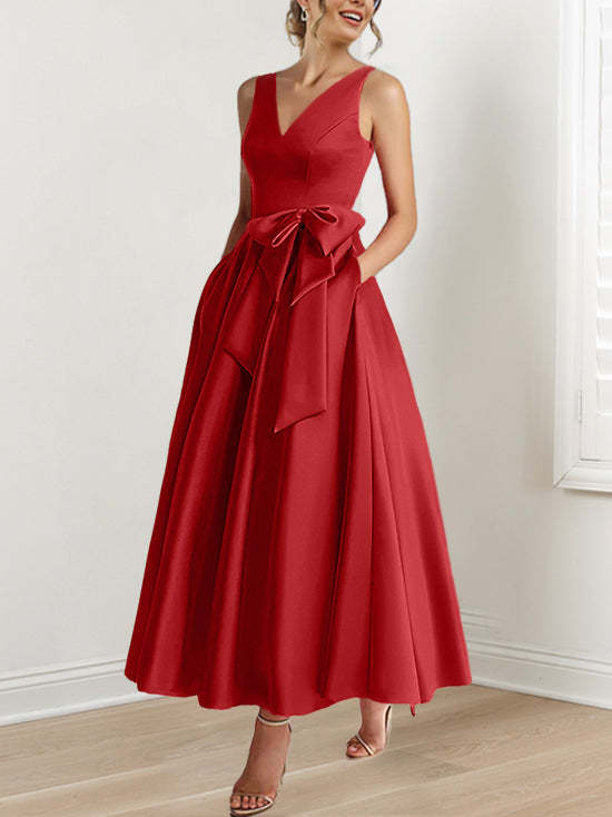 V-Neck Sleeveless A-Line Princess Ankle-Length Mother of the Bride Dress with Ruffles & Pockets