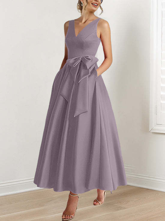 V-Neck Sleeveless A-Line Princess Ankle-Length Mother of the Bride Dress with Ruffles & Pockets