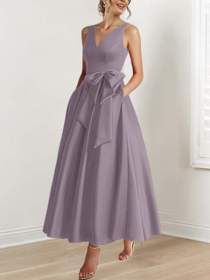 V-Neck Sleeveless A-Line Princess Ankle-Length Mother of the Bride Dress with Ruffles & Pockets