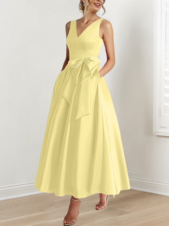 V-Neck Sleeveless A-Line Princess Ankle-Length Mother of the Bride Dress with Ruffles & Pockets