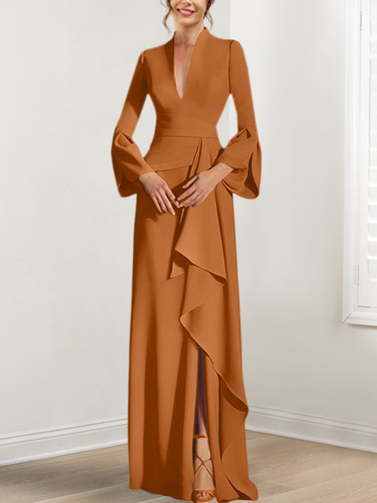 V-Neck Floor-Length Mother of the Bride Dress With Side Split and Long Sleeves