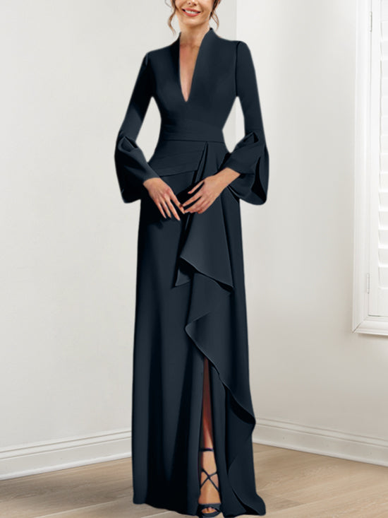V-Neck Floor-Length Mother of the Bride Dress With Side Split and Long Sleeves