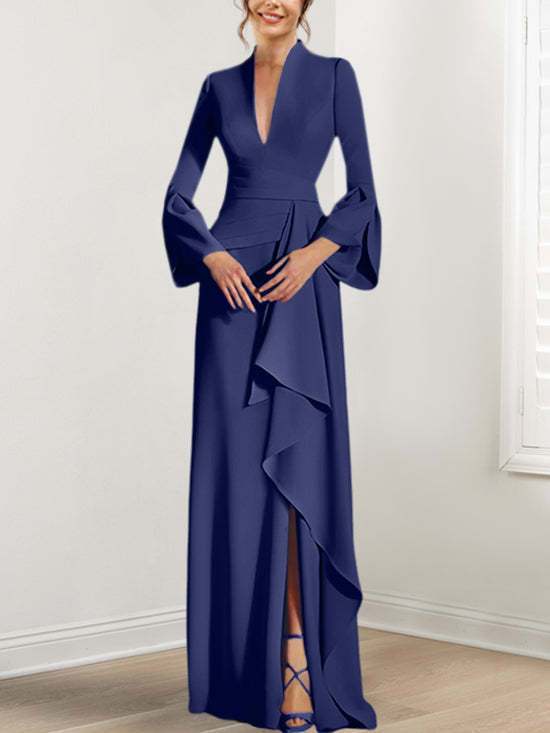 V-Neck Floor-Length Mother of the Bride Dress With Side Split and Long Sleeves