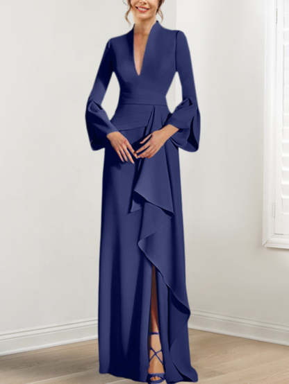 V-Neck Floor-Length Mother of the Bride Dress With Side Split and Long Sleeves
