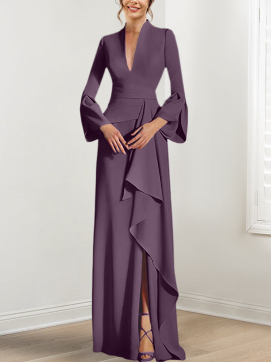 V-Neck Floor-Length Mother of the Bride Dress With Side Split and Long Sleeves