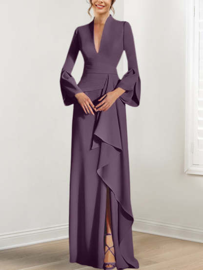 V-Neck Floor-Length Mother of the Bride Dress With Side Split and Long Sleeves