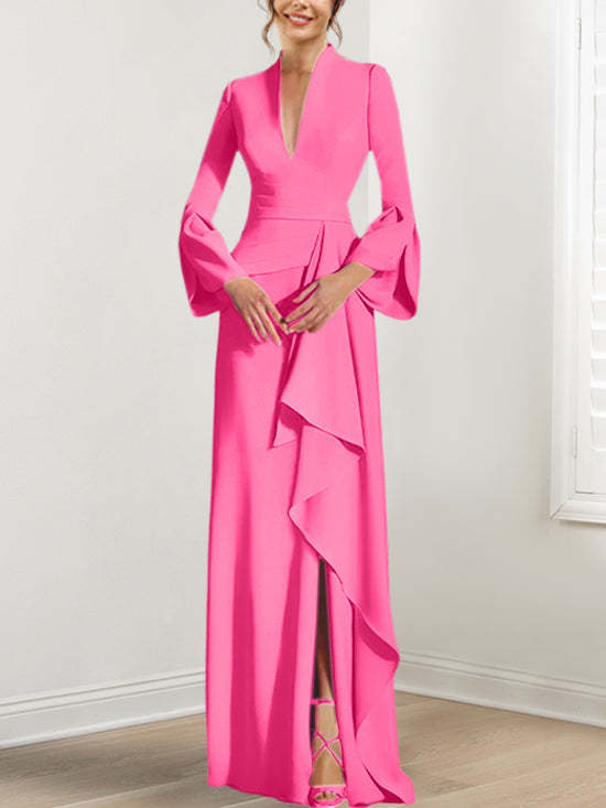 V-Neck Floor-Length Mother of the Bride Dress With Side Split and Long Sleeves