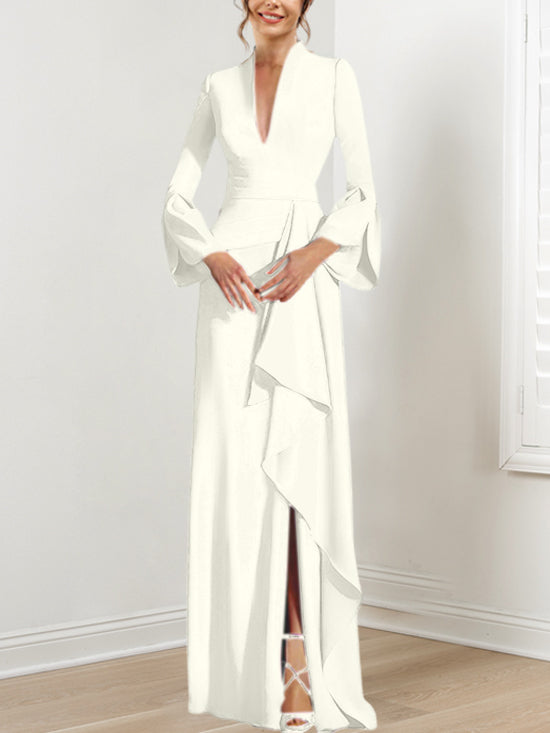 V-Neck Floor-Length Mother of the Bride Dress With Side Split and Long Sleeves