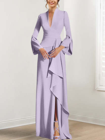 V-Neck Floor-Length Mother of the Bride Dress With Side Split and Long Sleeves