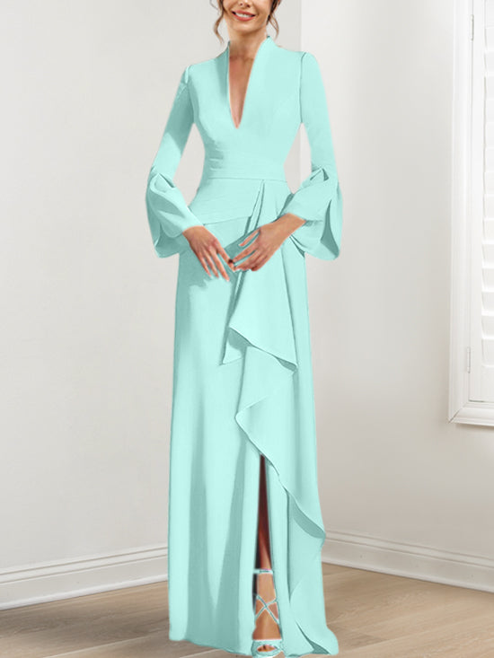 V-Neck Floor-Length Mother of the Bride Dress With Side Split and Long Sleeves