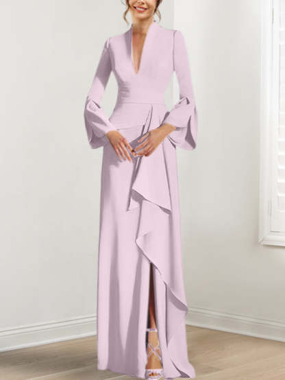 V-Neck Floor-Length Mother of the Bride Dress With Side Split and Long Sleeves