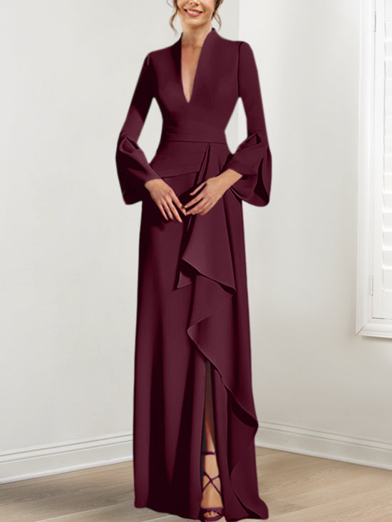 V-Neck Floor-Length Mother of the Bride Dress With Side Split and Long Sleeves