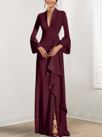 V-Neck Floor-Length Mother of the Bride Dress With Side Split and Long Sleeves