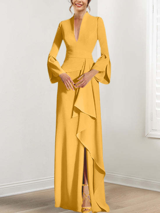 V-Neck Floor-Length Mother of the Bride Dress With Side Split and Long Sleeves