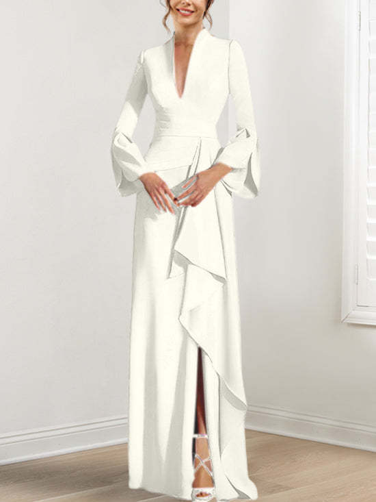 V-Neck Floor-Length Mother of the Bride Dress With Side Split and Long Sleeves