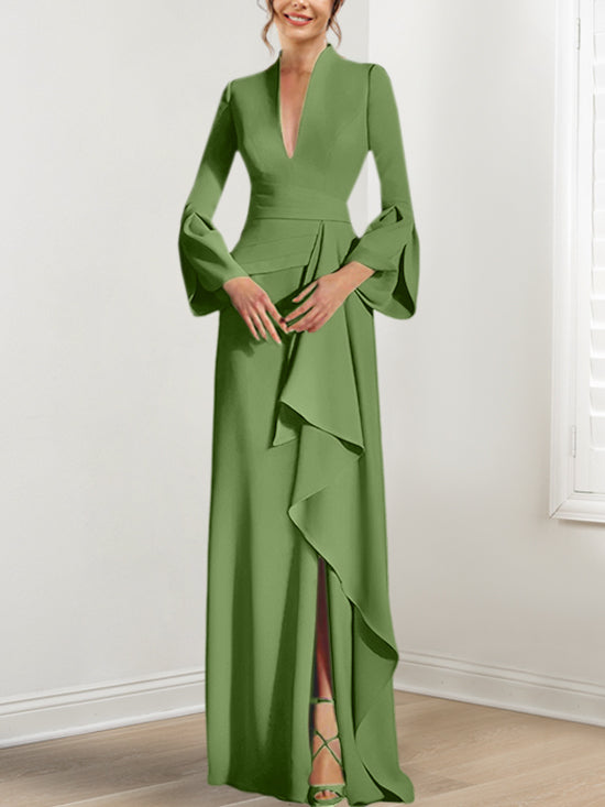 V-Neck Floor-Length Mother of the Bride Dress With Side Split and Long Sleeves