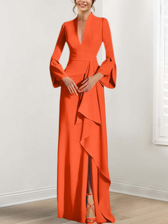 V-Neck Floor-Length Mother of the Bride Dress With Side Split and Long Sleeves
