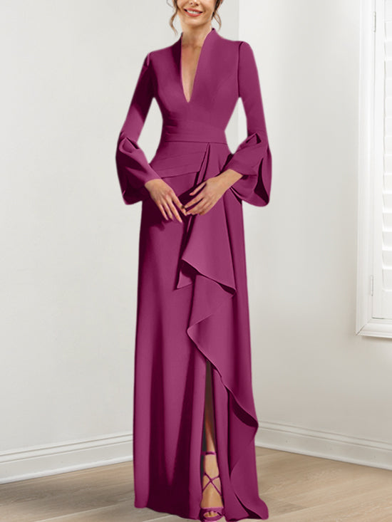 V-Neck Floor-Length Mother of the Bride Dress With Side Split and Long Sleeves