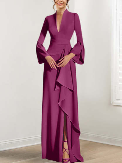 V-Neck Floor-Length Mother of the Bride Dress With Side Split and Long Sleeves