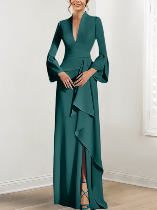 V-Neck Floor-Length Mother of the Bride Dress With Side Split and Long Sleeves