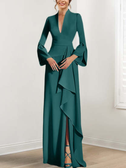 V-Neck Floor-Length Mother of the Bride Dress With Side Split and Long Sleeves