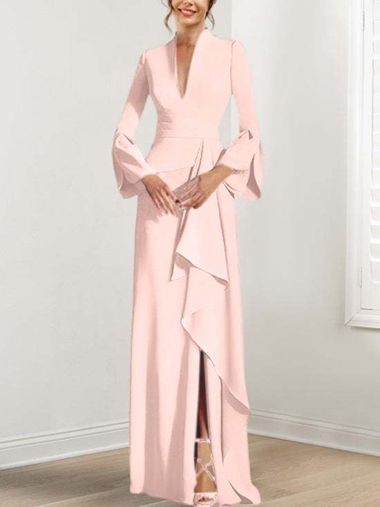 V-Neck Floor-Length Mother of the Bride Dress With Side Split and Long Sleeves