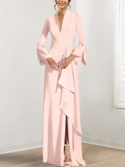 V-Neck Floor-Length Mother of the Bride Dress With Side Split and Long Sleeves