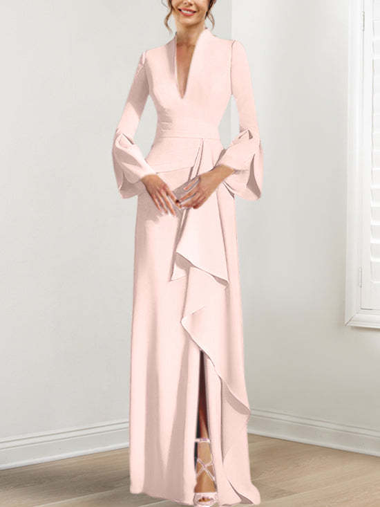 V-Neck Floor-Length Mother of the Bride Dress With Side Split and Long Sleeves