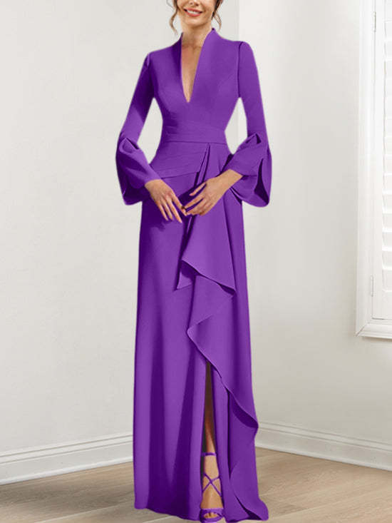 V-Neck Floor-Length Mother of the Bride Dress With Side Split and Long Sleeves