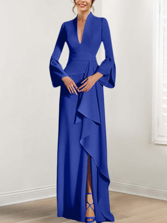 V-Neck Floor-Length Mother of the Bride Dress With Side Split and Long Sleeves