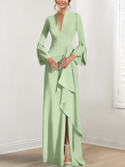 V-Neck Floor-Length Mother of the Bride Dress With Side Split and Long Sleeves