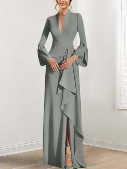 V-Neck Floor-Length Mother of the Bride Dress With Side Split and Long Sleeves