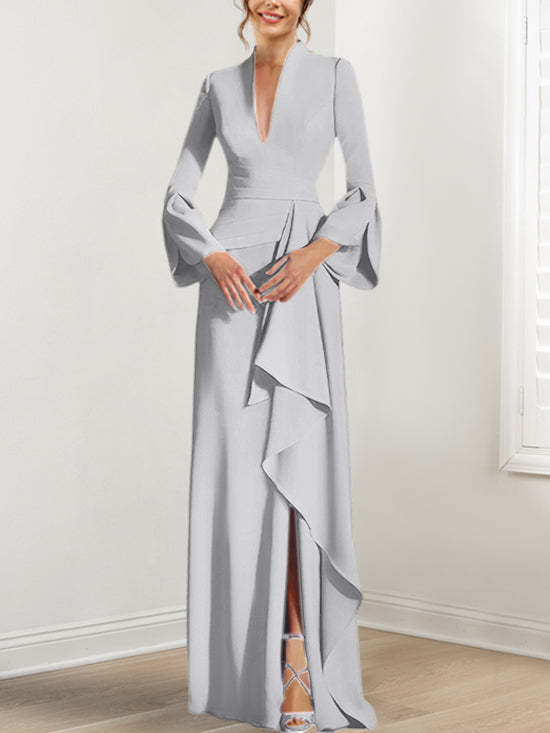 V-Neck Floor-Length Mother of the Bride Dress With Side Split and Long Sleeves